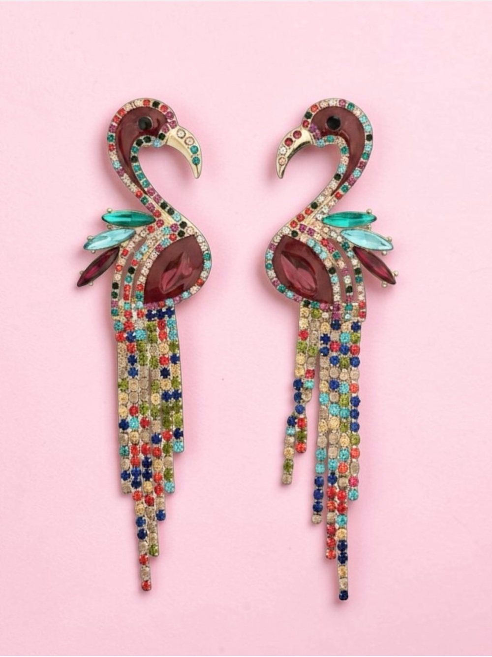 Multicolored Tropical Dangle Tassel Drop Flamingo Bird Rhinestone Earrings
